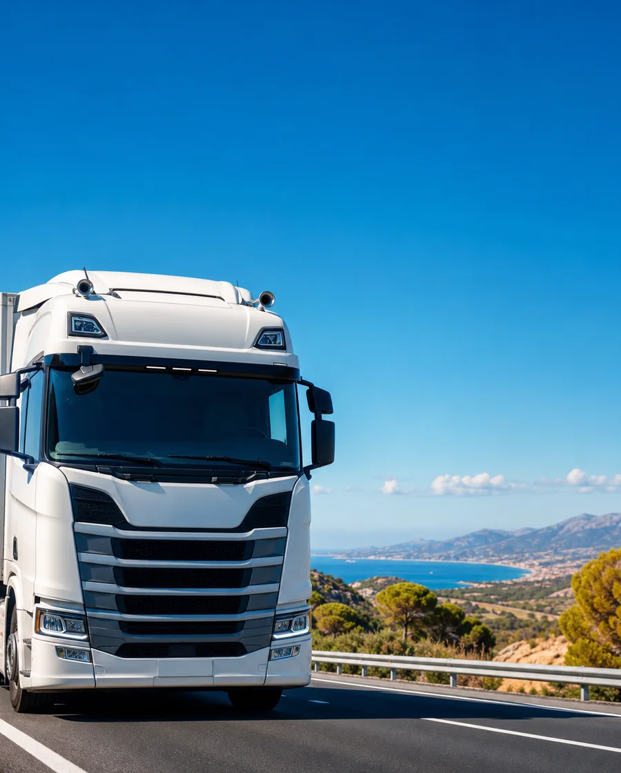 Camion logistique premium sur un corridor international sous un ciel bleu